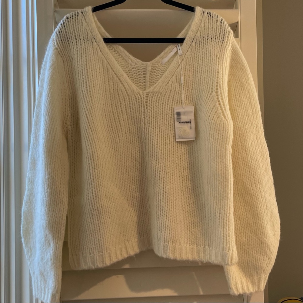 NWT Helmut Lang Wide Double V-Neck Chunky Knit Sweater in Ivory - Picture 13 of 15